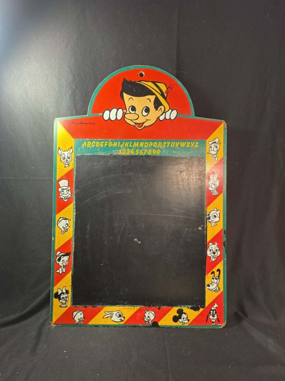 Vintage Walt Disney Productions Pinocchio and Friends Alphabet Chalkboard Sign